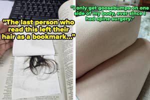 Two photos: Left shows a lock of hair marking a book page, right a leg with goosebumps on one side