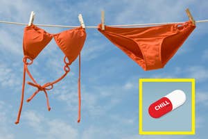 Orange bikini hanging on a clothesline with a "Chill" pill graphic in the corner
