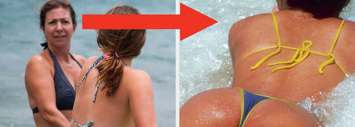 Two individuals at the beach, one applying sunscreen on the other's back