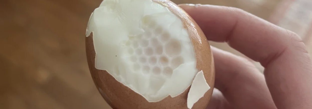 Person holding a boiled egg with an unusual honeycomb-like texture inside