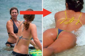 Two individuals at the beach, one applying sunscreen on the other's back