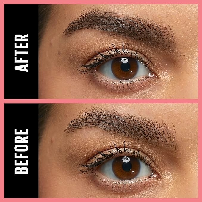 Close-up of an eye before and after mascara application, showing more defined lashes in the after photo