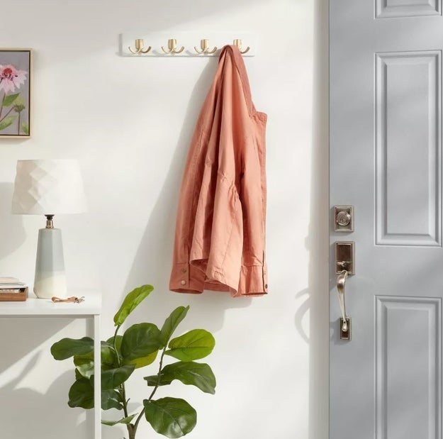 A jacket hangs on a wall rack beside a closed door, with a plant and lamp on a table nearby