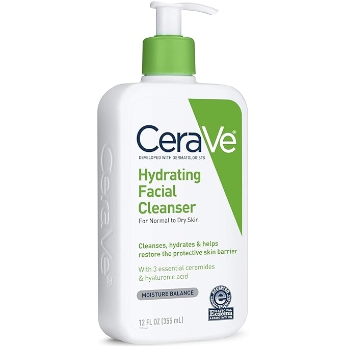 CeraVe hydrating facial cleanser bottle with product details for normal to dry skin