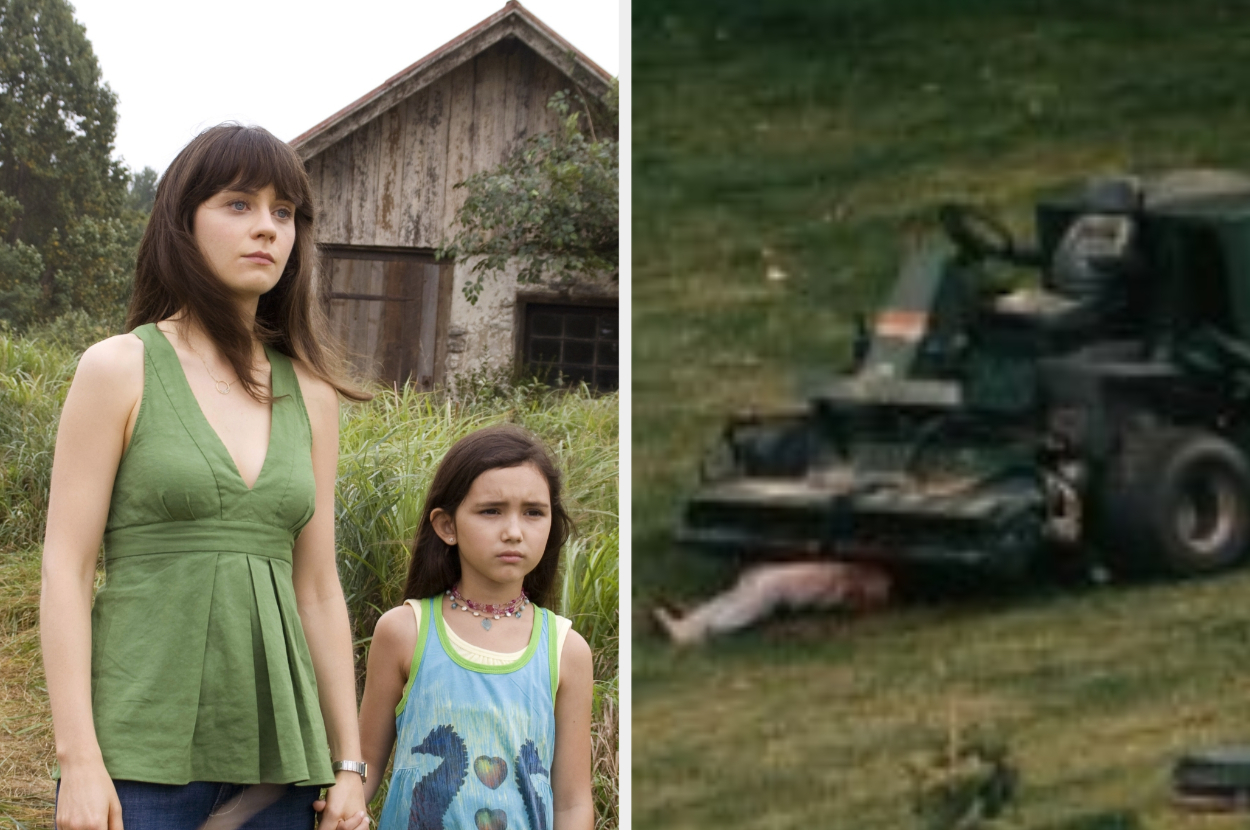 Two characters from a scene, adult in green v-neck top and child in blue, with a lawn mower and barn in the background