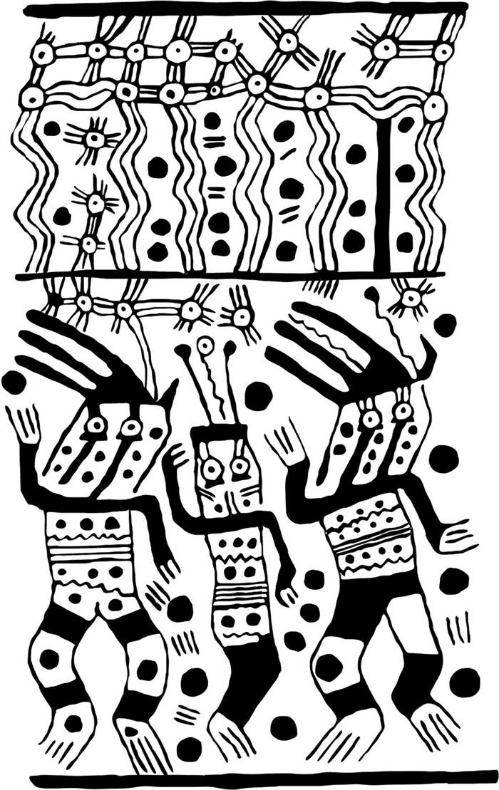 トロ・ムエルトの不思議な岩絵。踊る人物「ダンザンテ」の近くに幾何学的な模様が描かれている