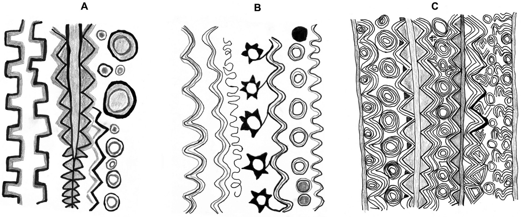 トゥカノ族の伝統的な芸術によくみられるモチーフ。幻覚作用があるアヤワスカがもたらす幻覚に由来するとされています(Cambridge University Pressの論文より/CC BY 4.0 DEED)