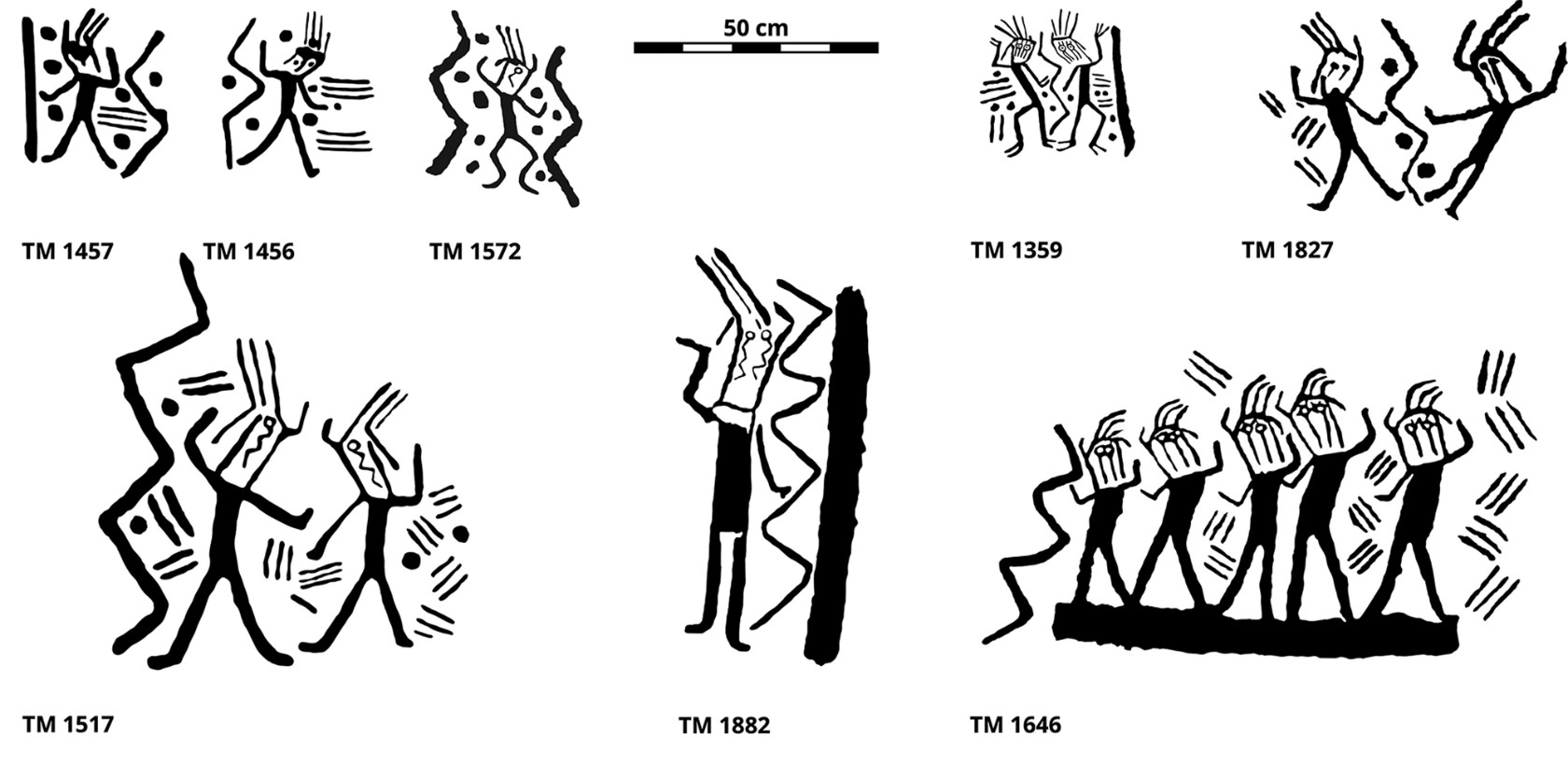 踊る人物像「ダンザンテ」の周囲にはジグザグ線など不思議な幾何学模様が描かれています（Cambridge University Pressの論文より/CC BY 4.0 DEED）