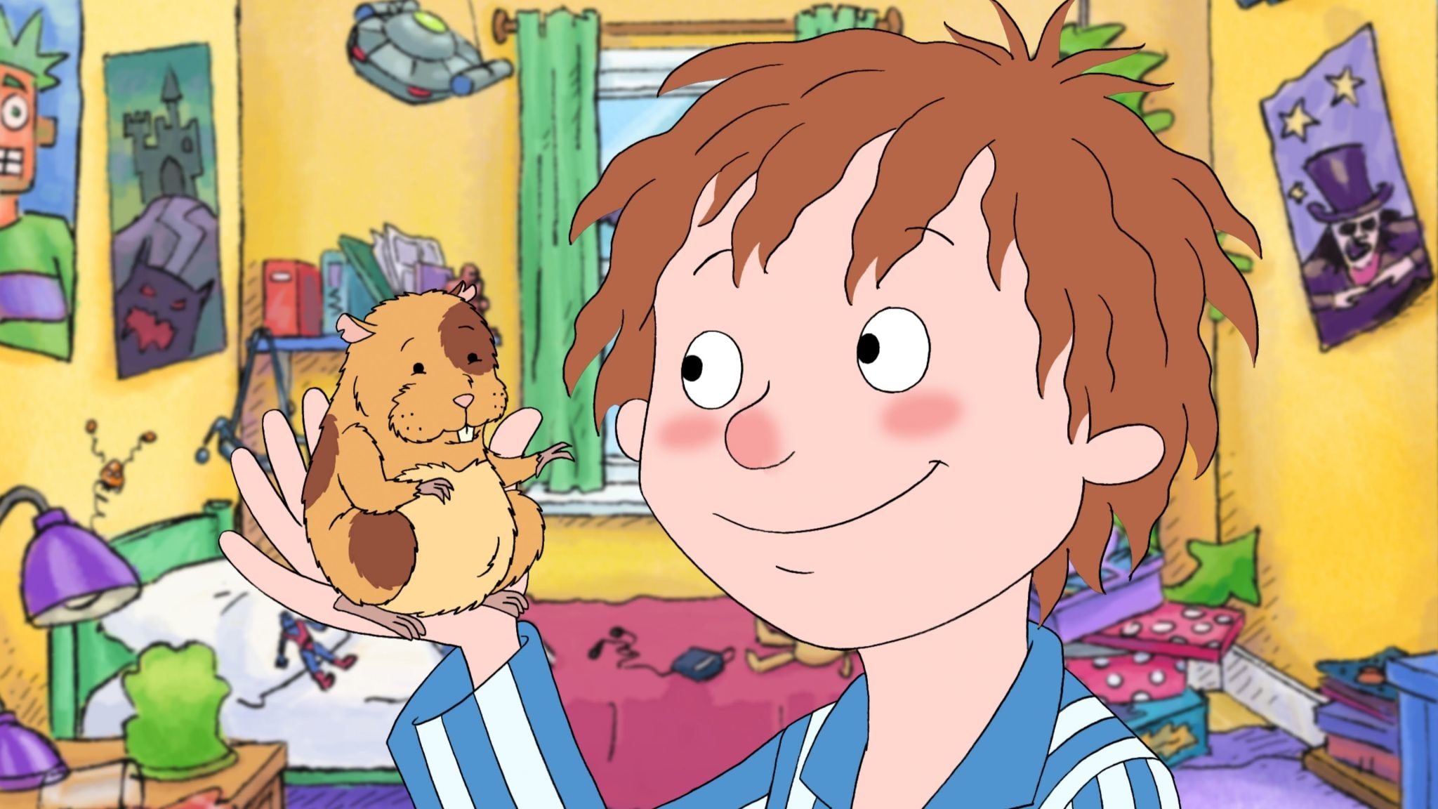 Animated character boy holding a hamster in his hands, surrounded by toys in a colorful room