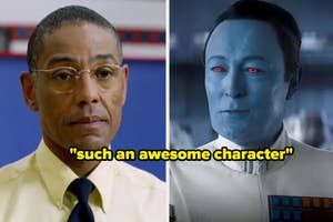 Two split images, one of actor Giancarlo Esposito in a suit, the other is the blue-skinned character Grand Admiral Thrawn. Text: "such an awesome character."