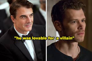 Split-screen of two characters; left is a man in a suit, right quotes "he was lovable for a villain."