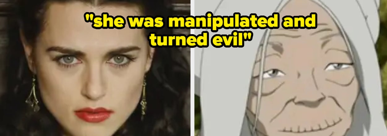 Split image of Katie McGrath as Morgana from Merlin and animated character Baba Yaga, captioned with their narrative arcs