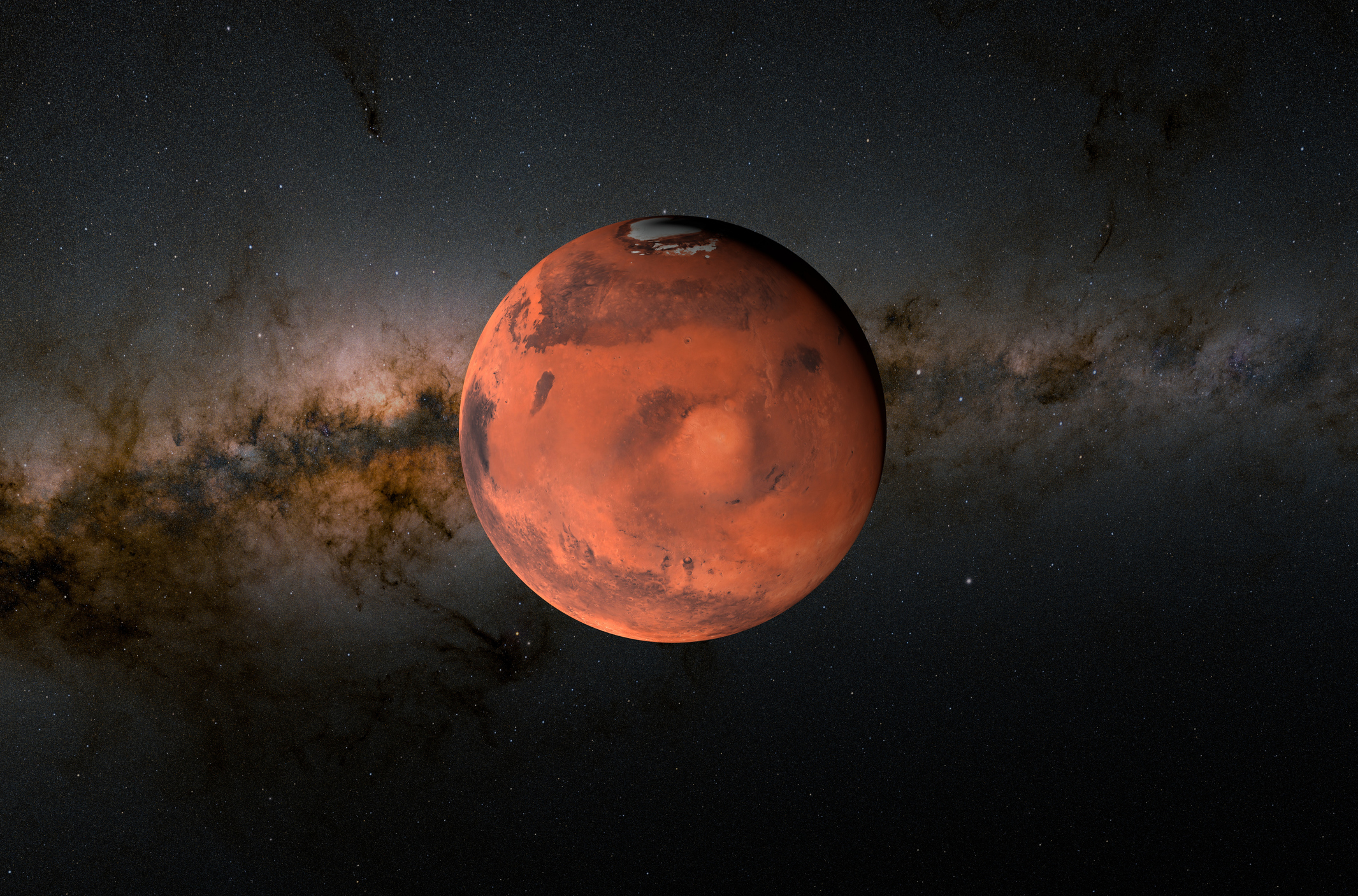 Planet Mars in space with stars and galactic dust in the background
