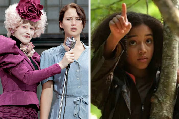 Effie Trinket and Katniss Everdeen from The Hunger Games on the left; Rue hiding in the woods on the right