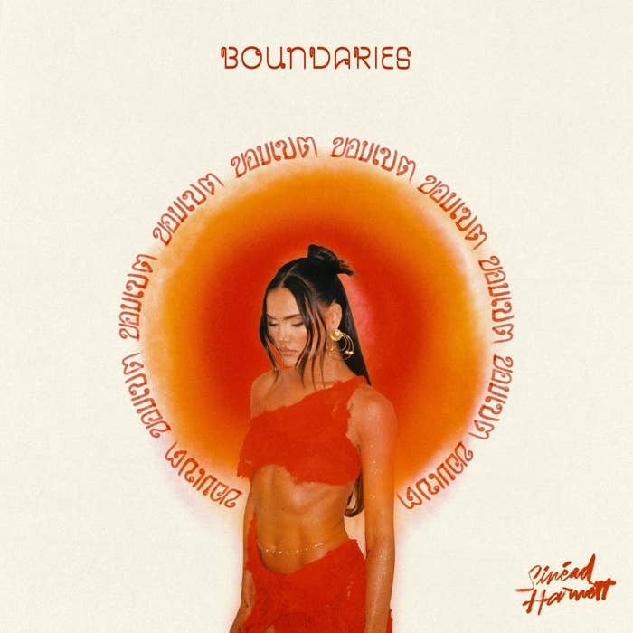 Album cover for &#x27;BOUNDARIES&#x27; by Jireel featuring an artist in a red cropped outfit with text radial around