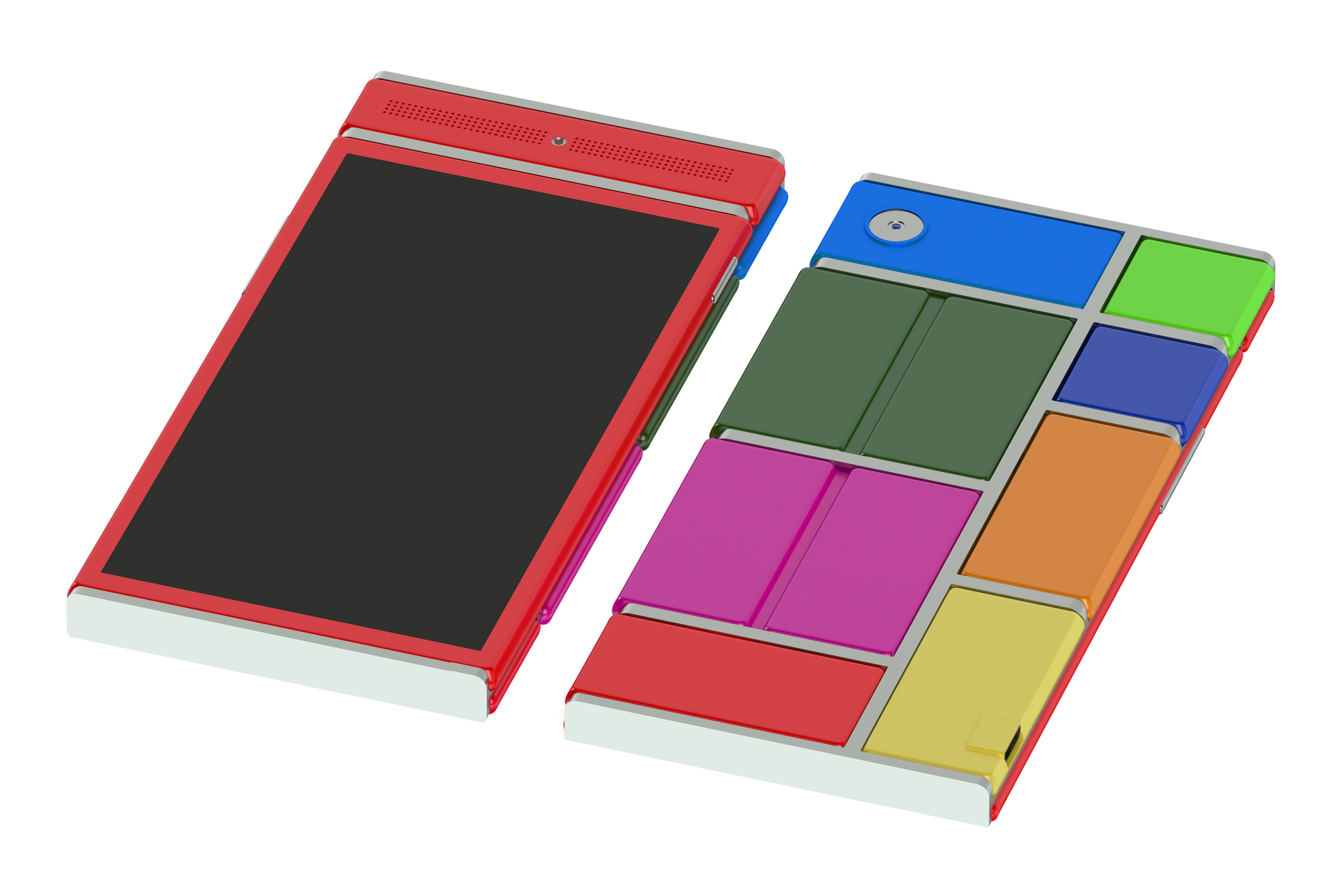 Two modular smartphones with interchangeable parts on a white background