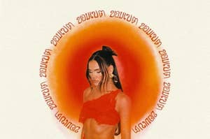 Album cover featuring an artist in a red two-piece outfit with text "Boundaries" above and inverted at the bottom