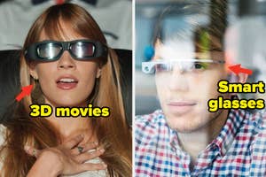 Two people comparing traditional 3D movie glasses and modern smart glasses