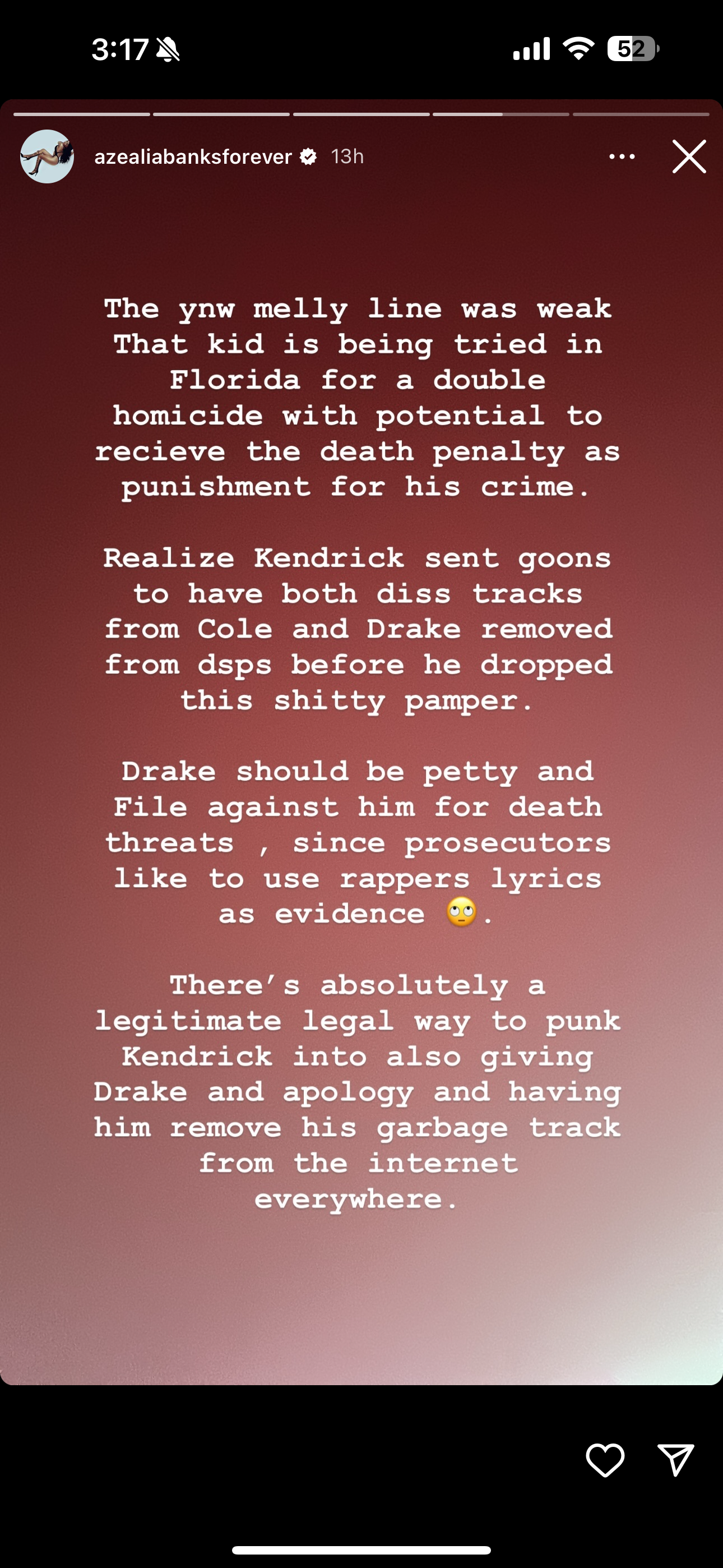 Summarized text from a social media post discussing legal issues related to a musician named Azealia Banks