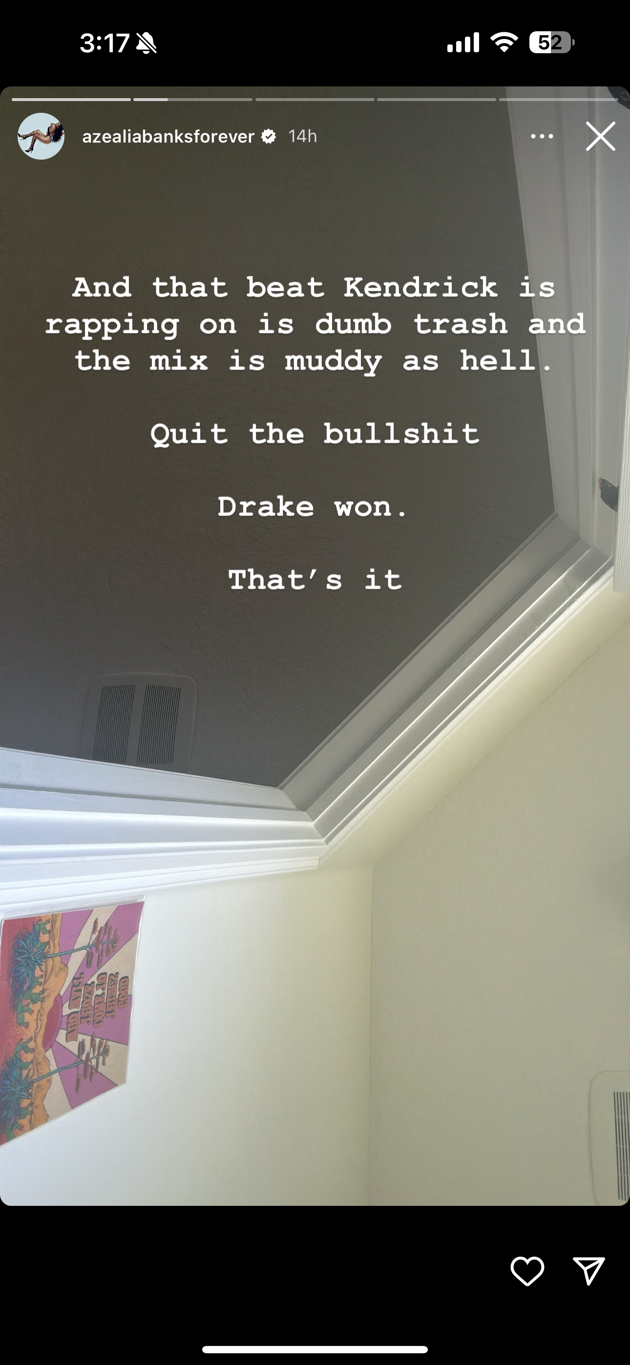 Text from an Instagram story criticizing someone&#x27;s music, implying it&#x27;s bad and stating &quot;Quit the bullshit. That&#x27;s it.&quot;