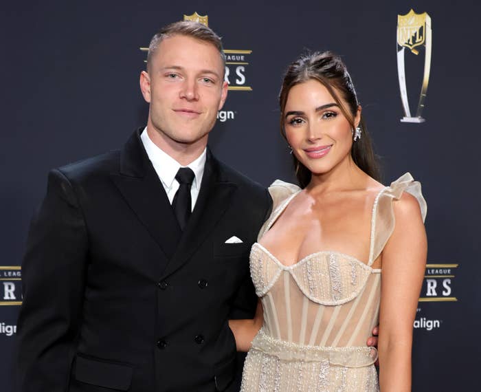 Closeup of Christian McCaffrey and Olivia Culpo