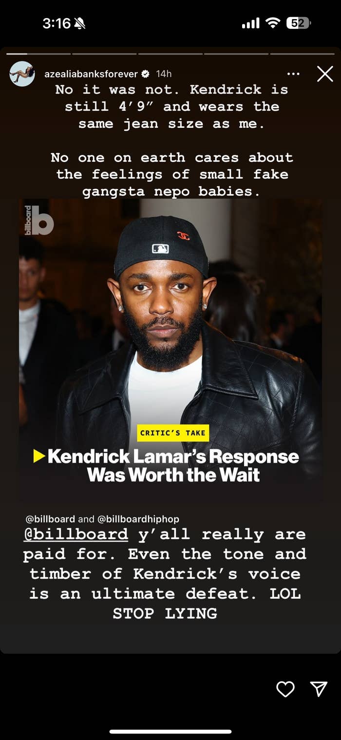Kendrick Lamar in a black hat and jacket facing the camera with a serious expression, in a social media screenshot