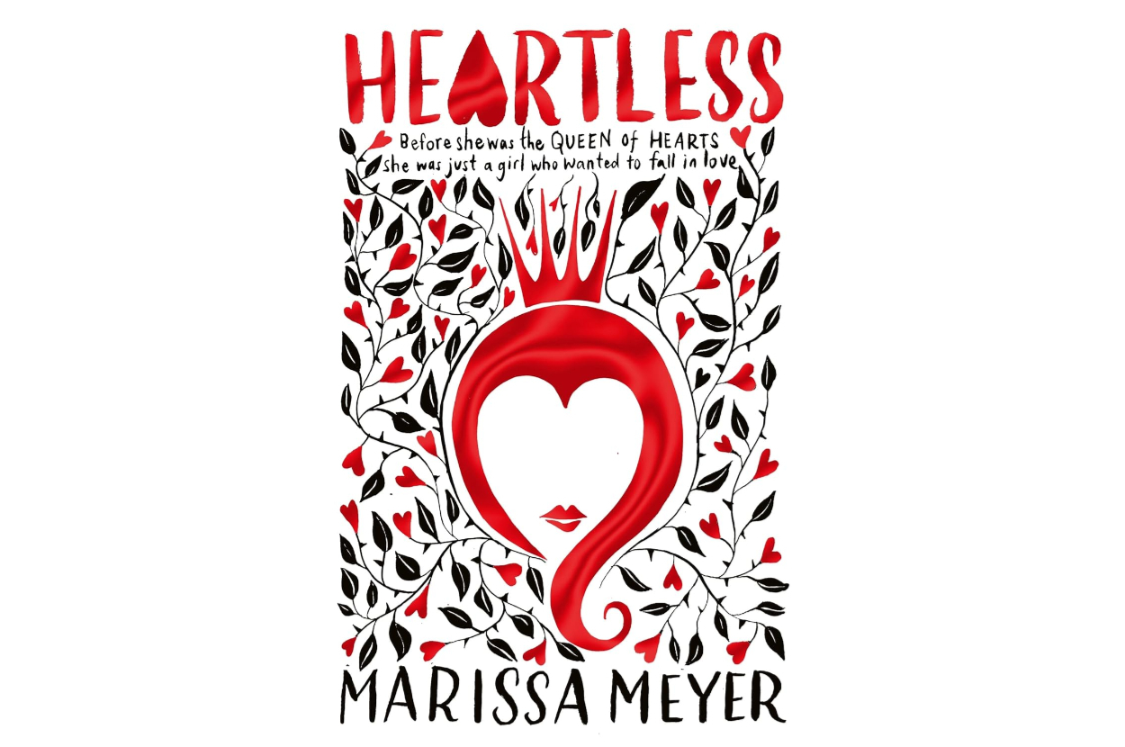 Book cover titled &quot;Heartless&quot; by Marissa Meyer with stylized heart and vines design