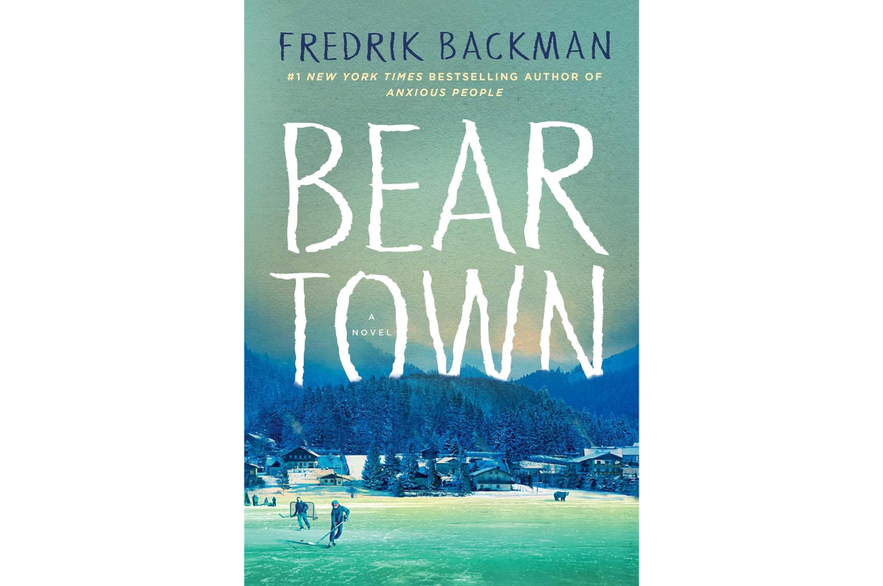 Cover of &quot;Beartown&quot; by Fredrik Backman, featuring title over snowy town illustration with two figures