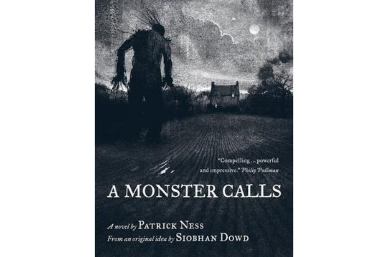 Book cover for &#x27;A Monster Calls&#x27; by Patrick Ness, featuring a dark figure with a house and moon in the background