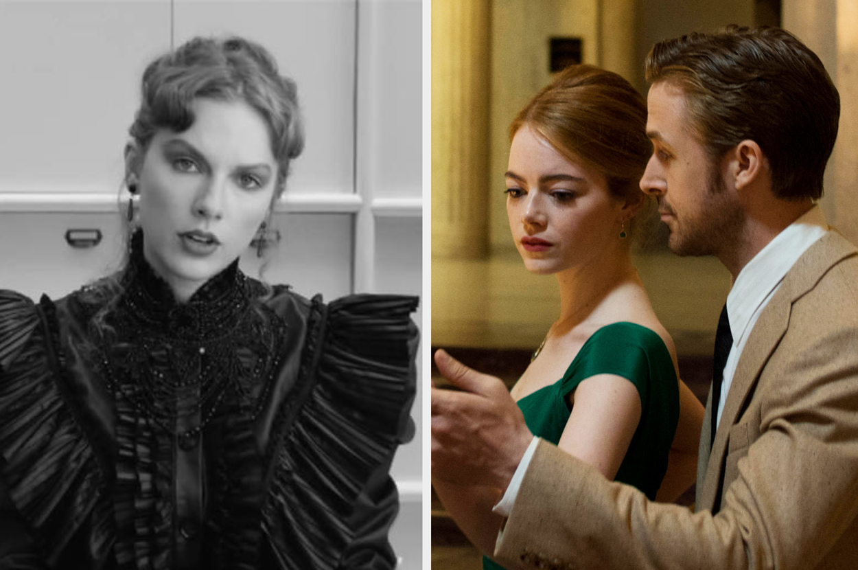 Split image: Left, Taylor Swift in ornate black ruffle dress; Right, Emma Stone and Ryan Gosling in formal attire from "La La Land."