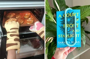 Person using an animal print oven mitt to bake pastries, and a hand holding 'A Court of Frost and Starlight' book