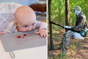 A baby biting the edge of a silicone placemat on a table and a mannequin sitting in a strap tied to a tree for going to the bathroom outside
