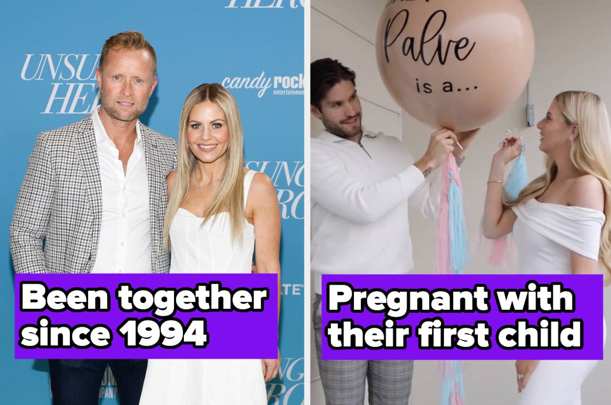 Couple standing with a large balloon that reads "It is a..." to announce pregnancy, and another couple standing and smiling