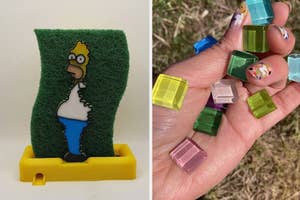 Homer Simpson kitchen sponge holder and hand holding assorted colorful, translucent square magnets