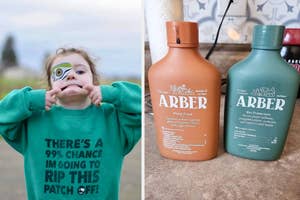 Child in green shirt with playful text wearing a printed eye patch next to Arber plant food bottles
