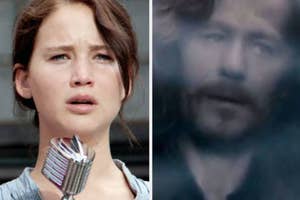 Katniss from "The Hunger Games" looking worried; President Snow blurred in background