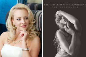 Two side-by-side photos: Left shows a woman with blonde hair and earrings looking away thoughtfully. Right is a monochrome book cover titled "The Tortured Poets Department, The Anthology"