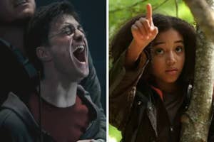 Harry Potter screams in frustration while Rue from The Hunger Games signals for silence