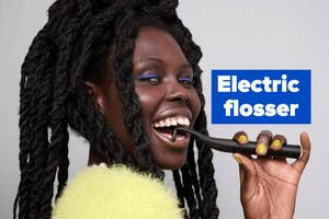 Woman smiles using an electric flosser, dressed in a fuzzy outfit, with text "Electric flosser" on the side