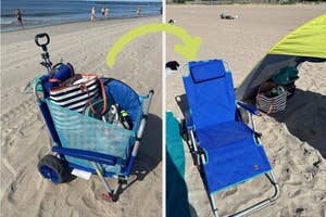 Beach cart with items next to a chair under a canopy, indicating a comfortable beach setup for shopping suggestions
