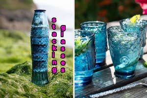 Glassware with intricate designs displayed outdoors, text overlay emphasizes "stacking glasses."