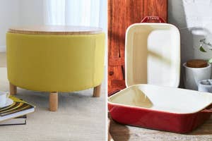 Two images side-by-side; left shows a mustard yellow round ottoman, and right displays red and white ceramic bakeware
