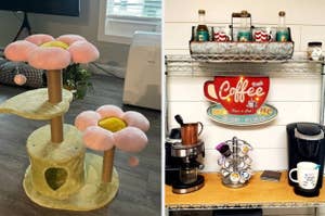 Two images side-by-side: left features a cat tree with flower design, right shows a coffee station with a decorative sign and appliances