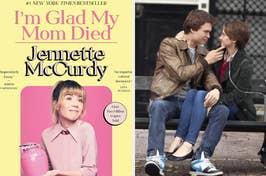 Split image: Left, Jennette McCurdy's book cover. Right, two characters from a movie sharing a moment on a bench