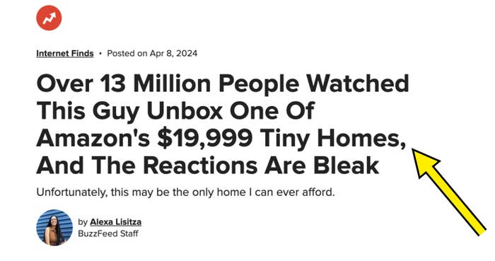 Article headline about 13 million watching a video on tiny homes for sale on Amazon, with pessimistic reactions
