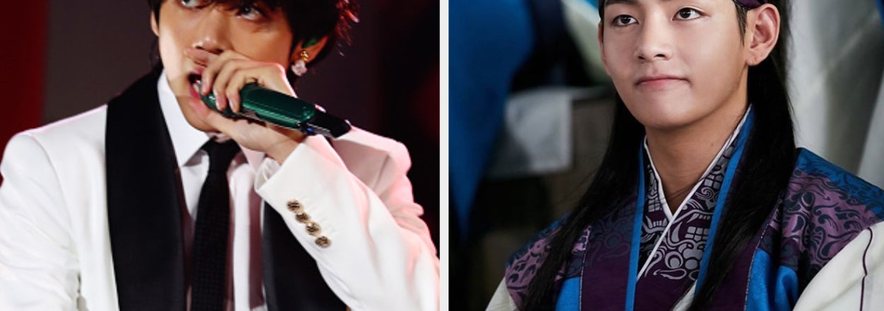 V y V de BTS, el primero cantando en el escenario con traje, el segundo con traje histórico coreano