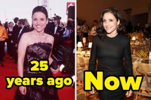 Julia Louis-Dreyfus in a strapless dress at a past event and in a long-sleeve dress at a current event