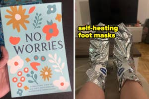 Person using silver self-heating foot masks while seated, with a "No Worries" journal in view