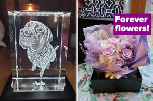 Engraved dog portrait in a crystal block next to an advertisement for preserved floral arrangements