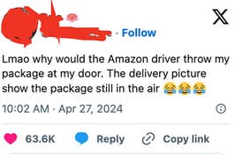 Tweet by user Brie complaining about a delivery service throwing a package at their door, with a laughing emoji. Includes likes and reply counts